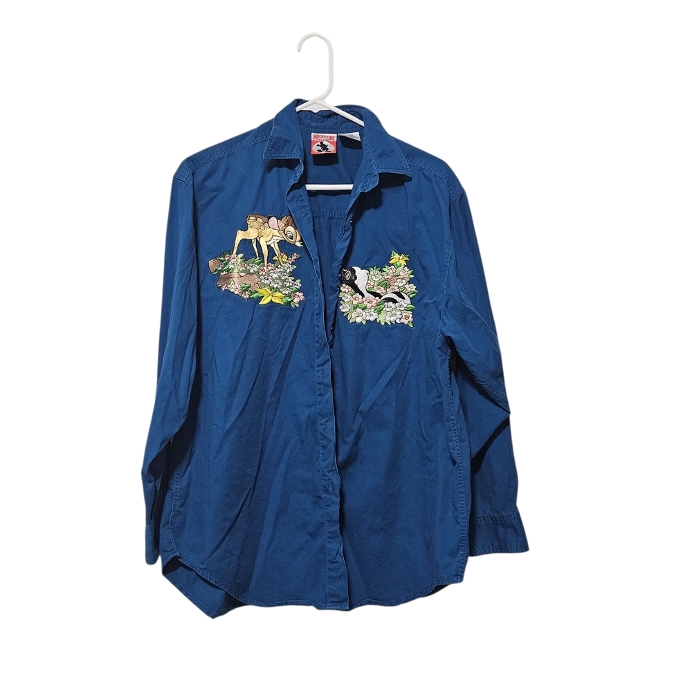 Vintage Mickey Disney Blue Button Down Shirt Bambi Embrodiery Blue Size L